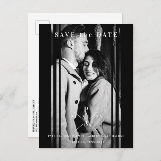 Carte Postale Faire-part Couple de mariés fiancés photo B & N élégante (Devant / Derrière)