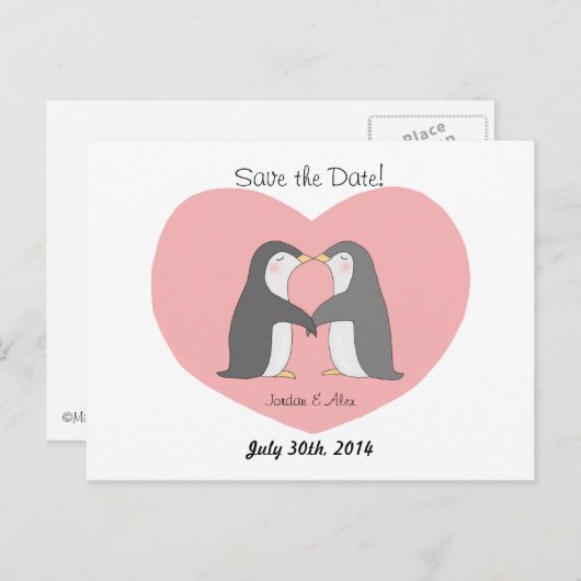 Carte Postale Faire-part Couple de pingouins mignons Enregistrer la date Ca (Devant / Derrière)