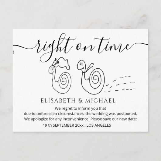 Carte Postale Faire-part Couple d'escargots mariés drôles changent la date (Devant)