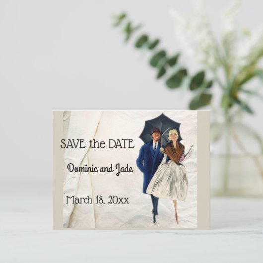 Carte Postale Faire-part Couple Rétro Avec Parapluie Épargne La Date (Debout devant)