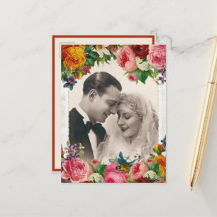 Carte Postale Faire-part Couple Vintage Amoureux Mariage Roses Sauvegarder 