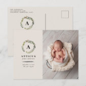 Carte Postale Faire-part Couronne de feuillage rustique photo annonce de na (Devant / Derrière)