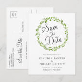 Carte Postale Faire-part Couronne de feuilles d'olive verte rustique Save t (Devant / Derrière)