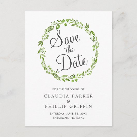 Carte Postale Faire-part Couronne de feuilles d'olive verte rustique Save t (Devant)