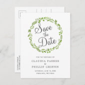Carte Postale Faire-part Couronne de feuilles d'olive vertes rustiques Save (Devant / Derrière)