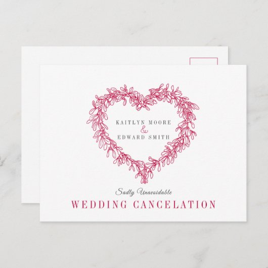 Carte Postale Faire-part Couronne de mariage annulation coeur gui rouge (Devant / Derrière)