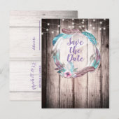 Carte Postale Faire-part Couronne de plumes Boho et gupe lumineuse Save the (Devant / Derrière)