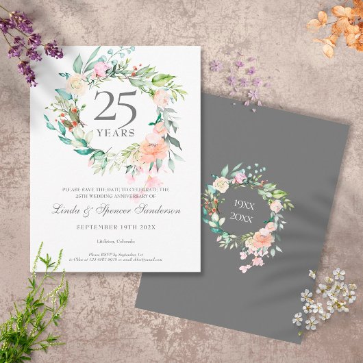 Carte Postale Faire-part Couronne de roses 25e anniversaire de mariage Enre