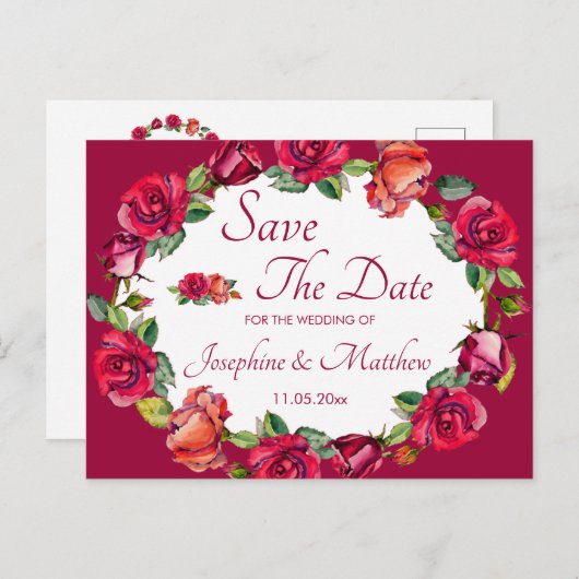 Carte Postale Faire-part Couronne de roses Pretty Monogram Save the Date (Devant / Derrière)