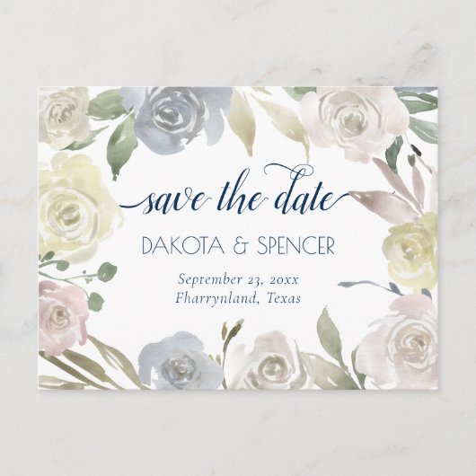 Carte Postale Faire-part Couronne florale assourdie | Mariage bleu rose jau (Devant)