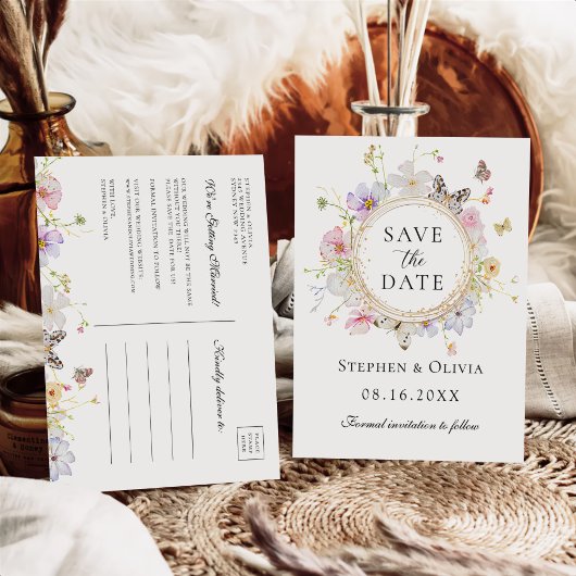 Carte Postale Faire-part Couronne florale de fleurs sauvages modernes Écono