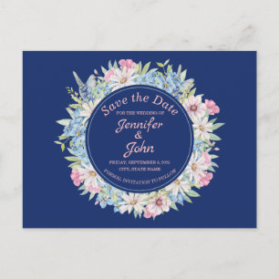 Carte Postale Faire-part Couronne florale élégante Bleu Mariage Enregistrer