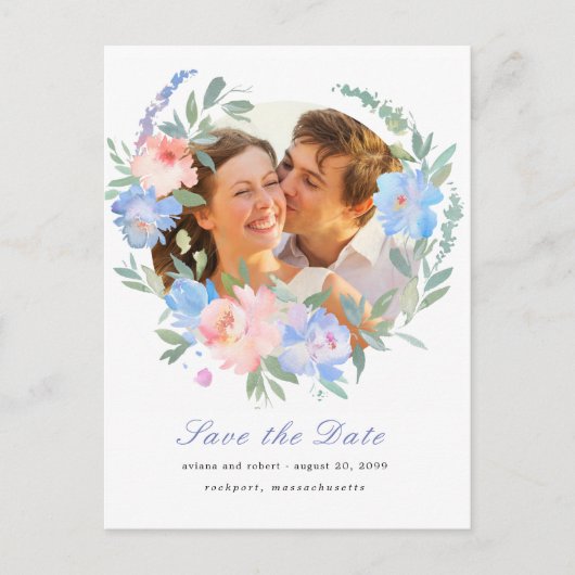 Carte Postale Faire-part Couronne florale rose bleue Mariage Économisez la (Devant)