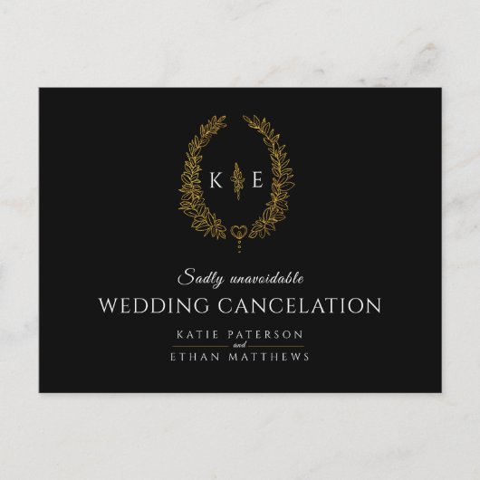 Carte Postale Faire-part Couronne monogramme annulation mariage noir or (Devant)