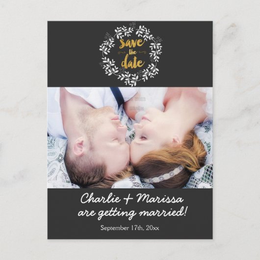 Carte Postale Faire-part Couronne rustique feuille ENREGISTRER LA DATE Cart (Devant)