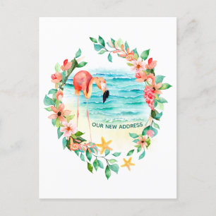 Carte Postale Faire-part Couronne tropicale de flamant rose scène de plage