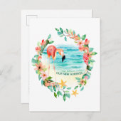 Carte Postale Faire-part Couronne tropicale de flamant rose scène de plage  (Devant / Derrière)