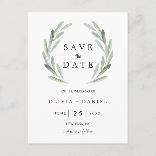 Carte Postale Faire-part Couronne verte rustique Mariage simple Enregistrer (Devant)