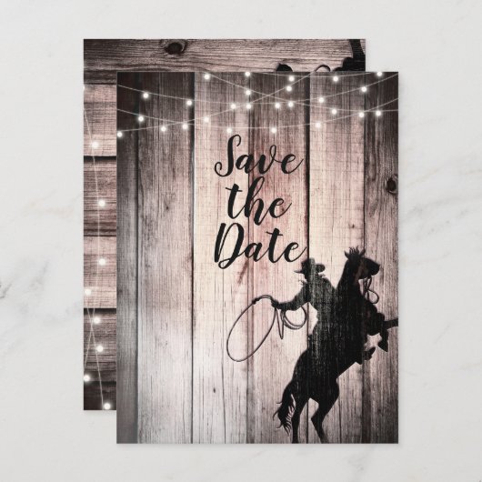 Carte Postale Faire-part Cowboy Rustic Wood Grange Pays Enregistrer la date (Devant / Derrière)