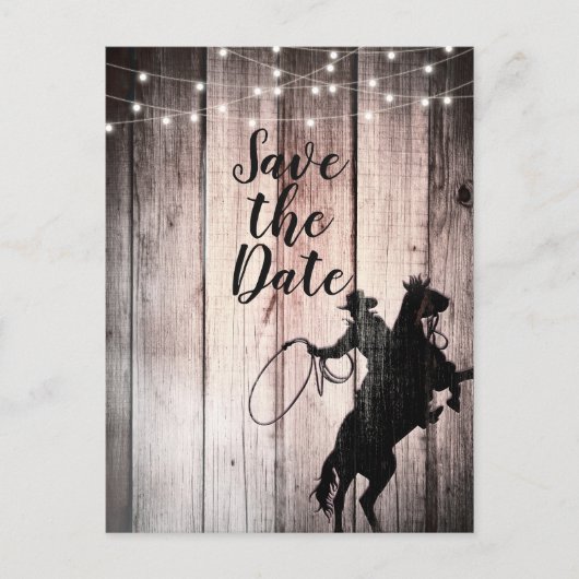 Carte Postale Faire-part Cowboy Rustic Wood Grange Pays Enregistrer la date (Devant)