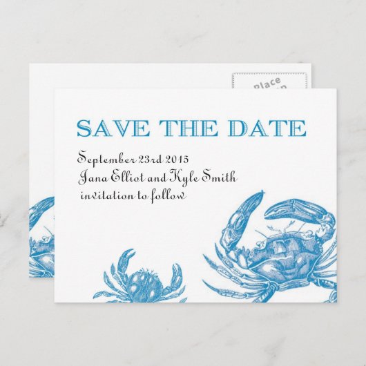 Carte Postale Faire-part Crabe Bleu Enregistrez la Date (Devant / Derrière)