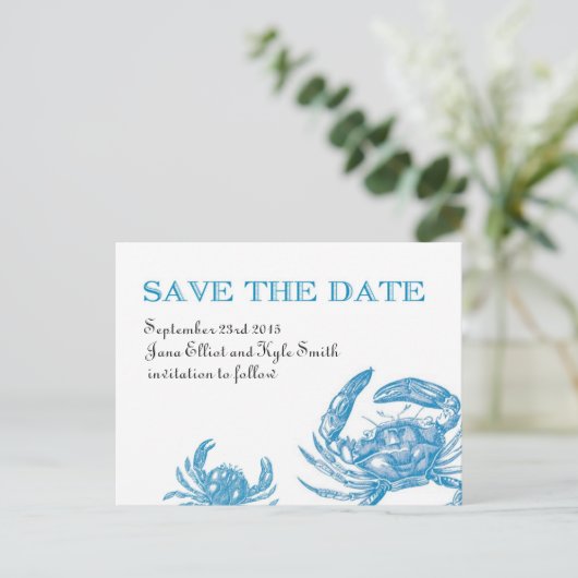 Carte Postale Faire-part Crabe Bleu Enregistrez la Date (Debout devant)