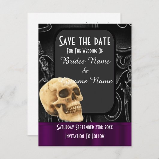 Carte Postale Faire-part Crâne gothique noir enregistrer la date (Devant / Derrière)