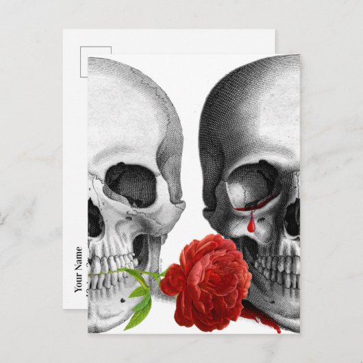 Carte Postale Faire-part Crâne gothique Paire Romance sombre Sang Larme Ros (Devant / Derrière)