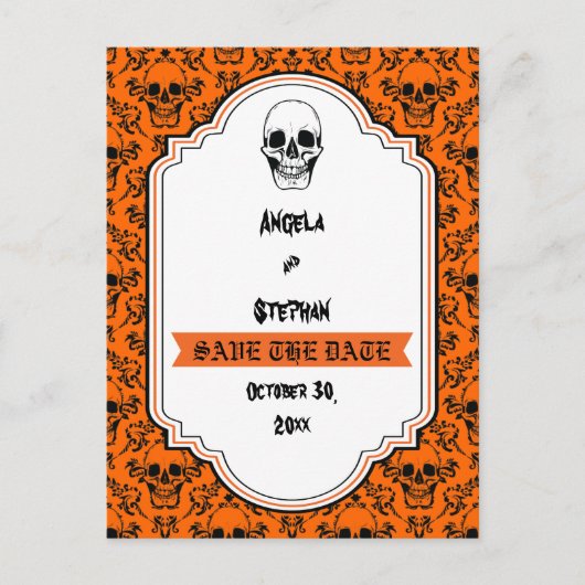 Carte Postale Faire-part Crânes damas orange noir Halloween Enregistrer la  (Devant)