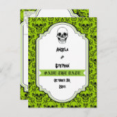 Carte Postale Faire-part Crânes damas vert noir Halloween Enregistrer la da (Devant / Derrière)