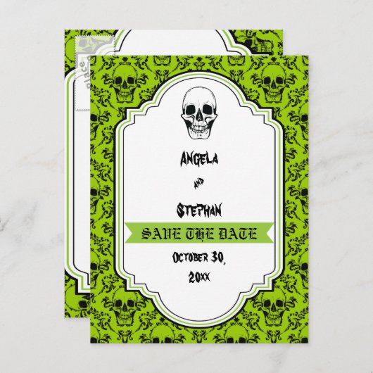 Carte Postale Faire-part Crânes damas vert noir Halloween Enregistrer la da (Devant / Derrière)