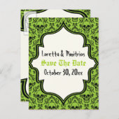 Carte Postale Faire-part Crânes damask vert, noir Halloween Enregistrer la  (Devant / Derrière)