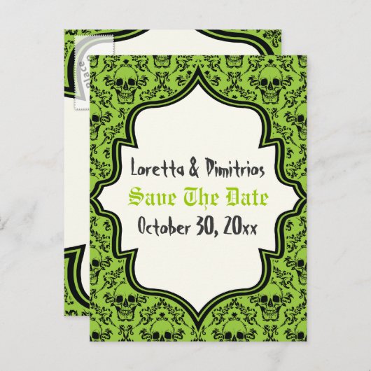 Carte Postale Faire-part Crânes damask vert, noir Halloween Enregistrer la (Devant / Derrière)
