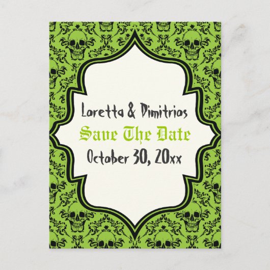 Carte Postale Faire-part Crânes damask vert, noir Halloween Enregistrer la  (Devant)