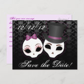 Carte Postale Faire-part Crânes de mariés (Violet) Sauvegarder la date (Devant / Derrière)