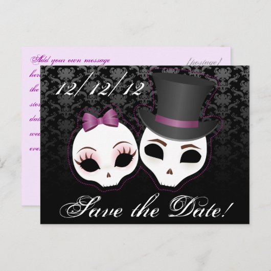 Carte Postale Faire-part Crânes de mariés (Violet) Sauvegarder la date (Devant / Derrière)