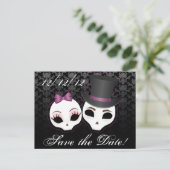 Carte Postale Faire-part Crânes de mariés (Violet) Sauvegarder la date (Debout devant)