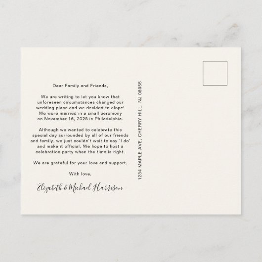 Carte Postale Faire-part Crème photo d'élopement minimal (Dos)