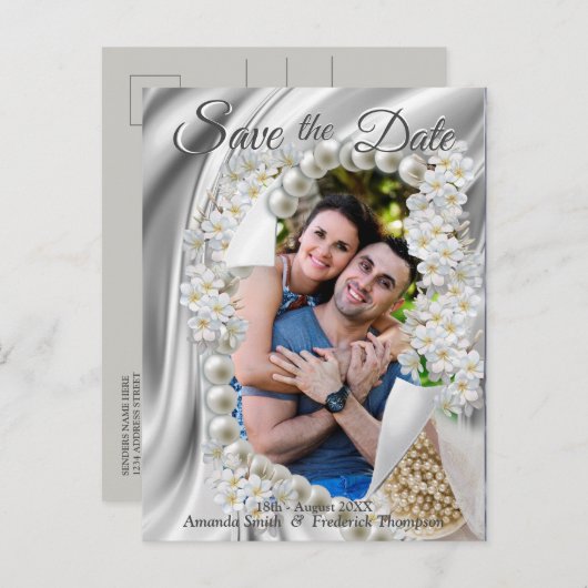 Carte Postale Faire-part Crème,Vert,Soie bleue et Perles d'Ivoire Enregistr (Devant / Derrière)