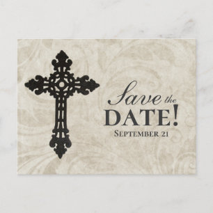 Carte Postale Faire-part Croix catholique Vintage Sauvez la date