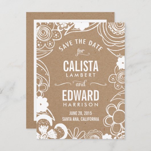 Carte Postale Faire-part Croquis Floral Enregistrer La Date - Artisanat (Devant / Derrière)