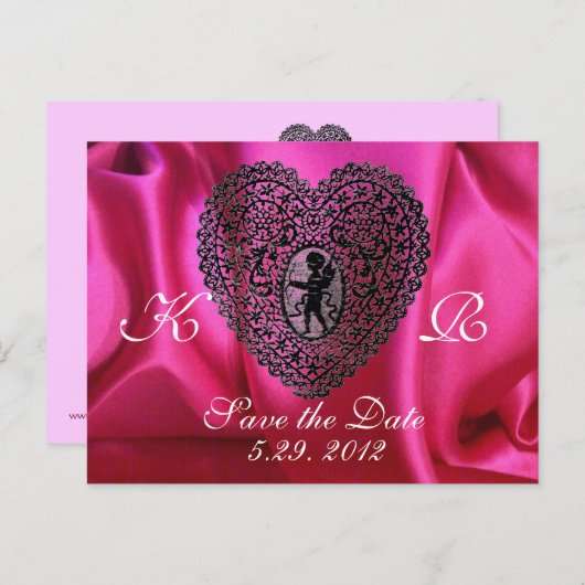 Carte Postale Faire-part CUPID LACE COEUR SILK FUCHSIA VÊTEMENT, Rose Noir (Devant / Derrière)