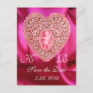 Carte Postale Faire-part CUPID LACE COEUR SOIE FUCHSIA TISSU , Rose Rouge