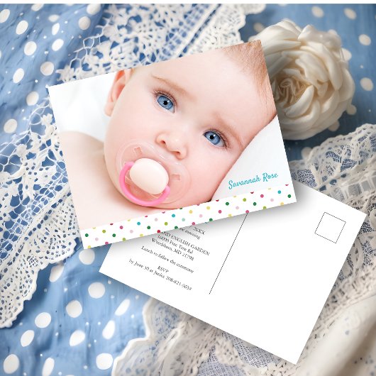 Carte Postale Faire-part Custom Baby Photo Polka Dots Naming Ceremony
