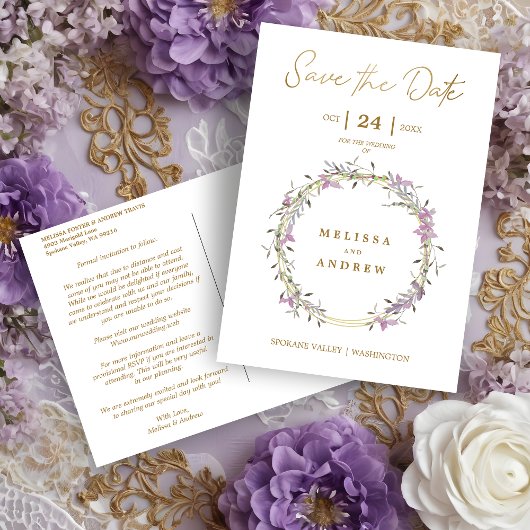 Carte Postale Faire-part Custom Lilac Elegant Garland Wreath Wedding
