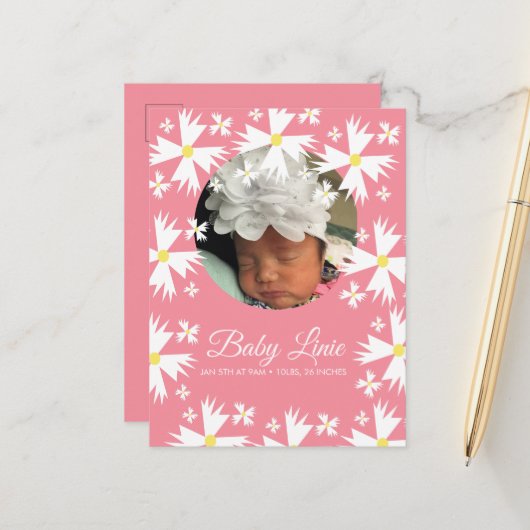 Carte Postale Faire-part Cute Daisy Florals Frontière Photo Bébé (Devant/Arrière en situation)
