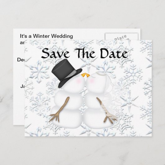 Carte Postale Faire-part CUTE Enregistrer la date BRIDE & GROOM Snowman (Devant / Derrière)
