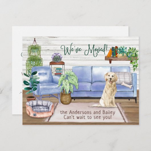 Carte Postale Faire-part Cute Golden Retriever Cosy New Home Moving (Devant / Derrière)
