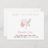 Carte Postale Faire-part Cute Stork Pink Present (Devant / Derrière)