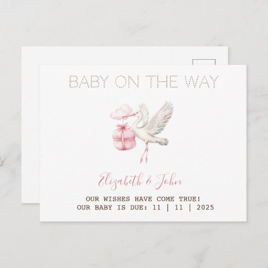 Carte Postale Faire-part Cute Stork Pink Present (Devant / Derrière)